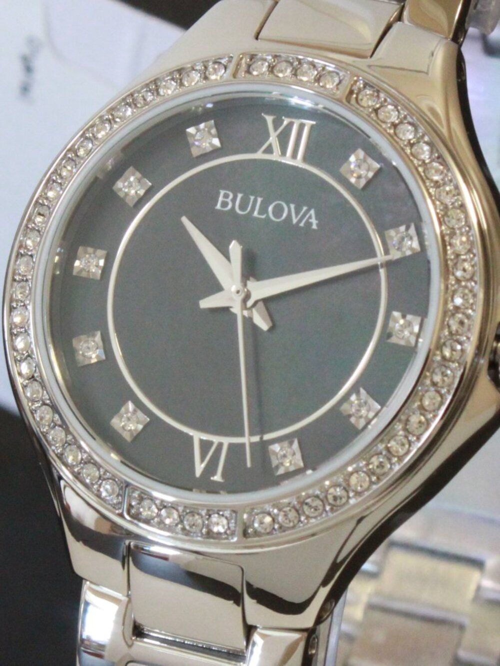 Bulova Classic Quartz Watch Black MOP Dial Crystal Bezel And Indices 30mm - Picture 13 of 13